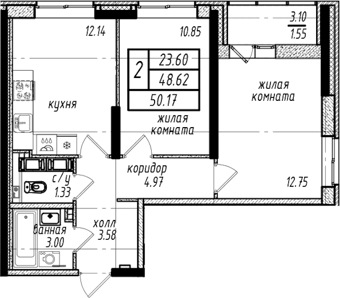 2-комнатная квартира 50.17 м², 16/16 эт., ЖК «Северная Долина»